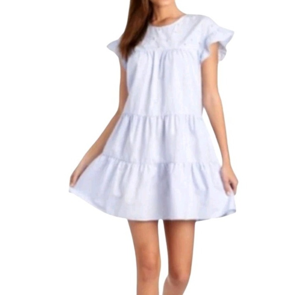 Philosophy Pale Blue Tiered Babydoll Short Dress Faux Pearl Size M 100% Cotton